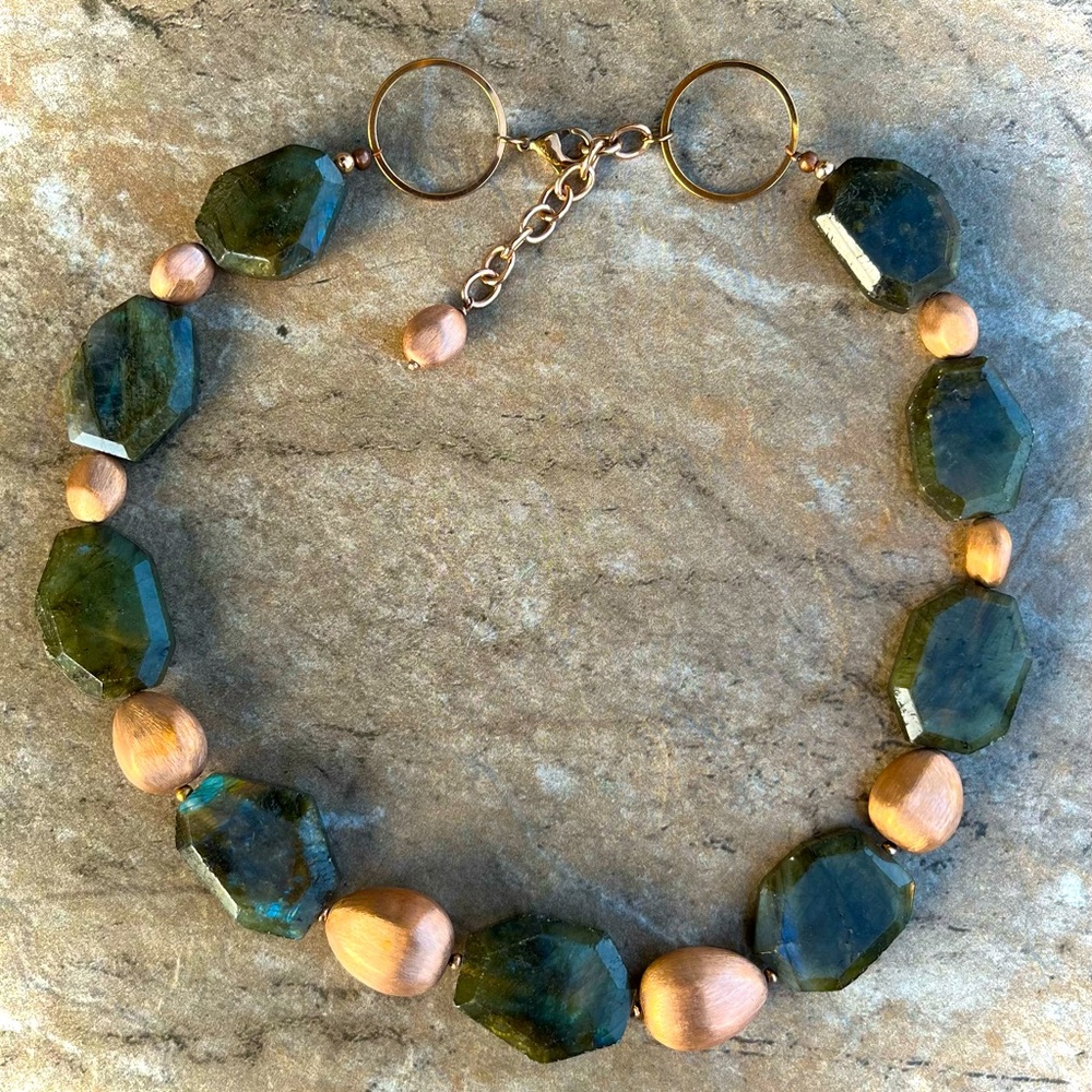 Classic Chic Necklace Rustic Labradorite Vintage Italian Rose Gold Filled Beads